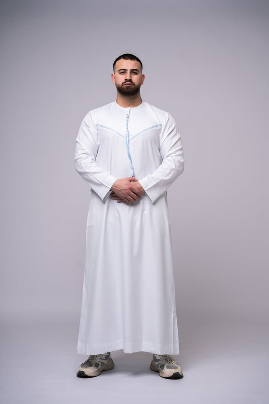 Omani Style Qamees Wit - Blauwe stiksel