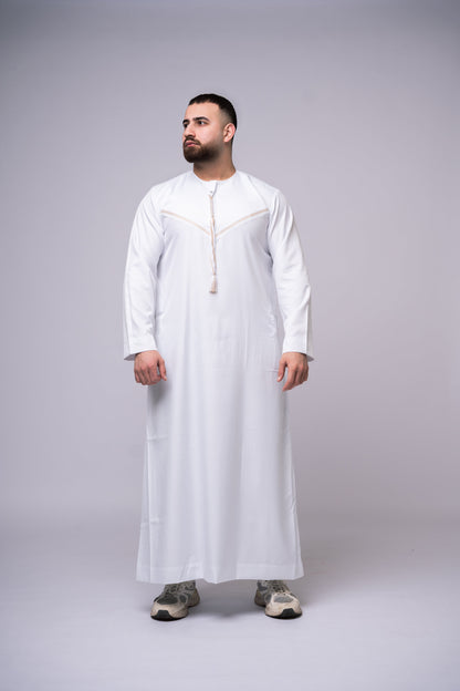 Omani Style Qamees Wit - Goude stiksel