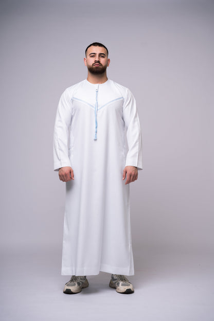 Omani Style Qamees Wit - Blauwe stiksel