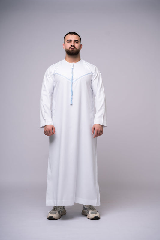 Omani Style Qamees Wit - Blauwe stiksel