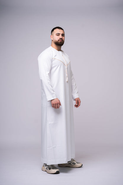 Omani Style Qamees Wit - Goude stiksel