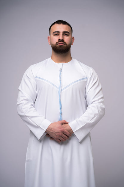 Omani Style Qamees Wit - Blauwe stiksel
